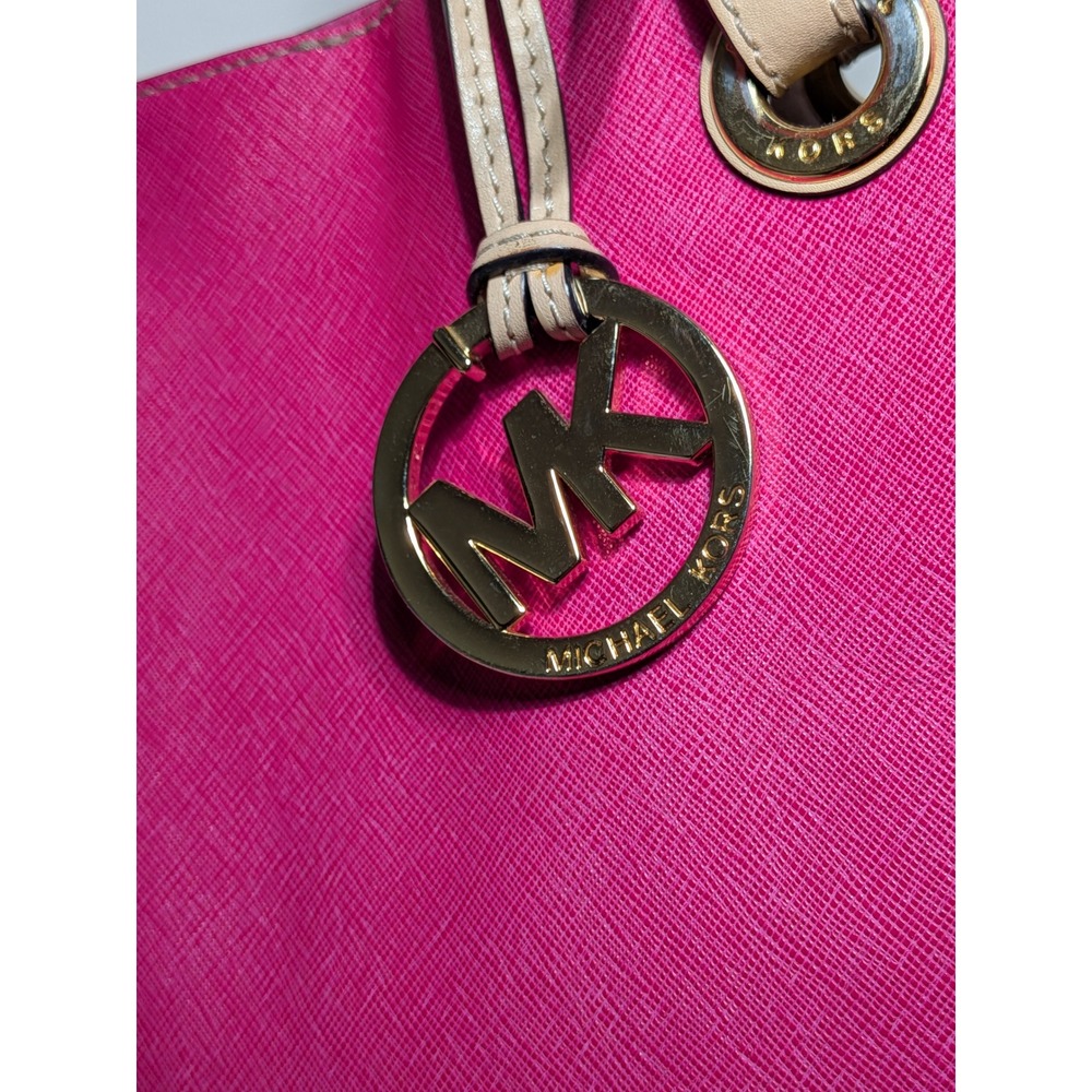 Michael Kors Tote Bag Hot Pink Tan Coated Canvas Leather Handles Jet Set Purse - Picture 7 of 16